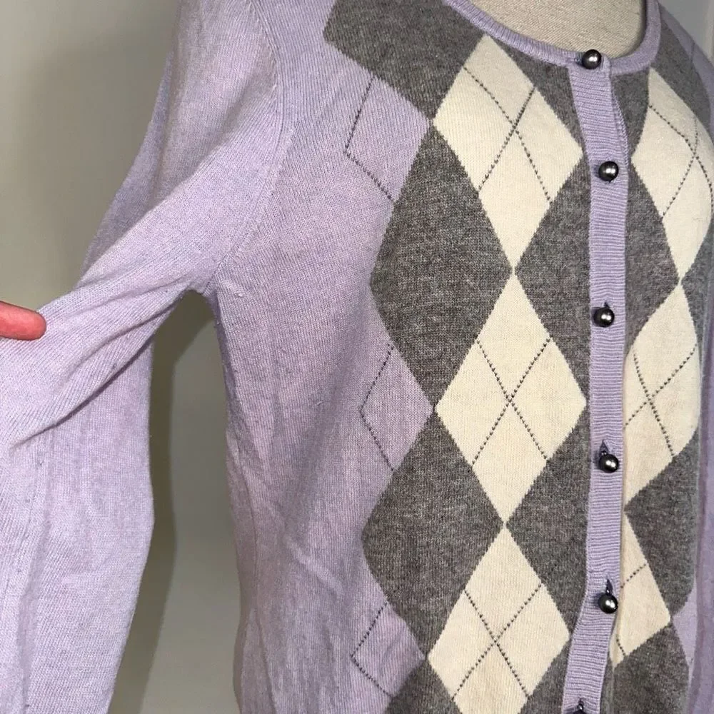 Talbots Womens Lambswool Angora Blend Purple Argyle Sweater Cardigan Cozy Chic‎